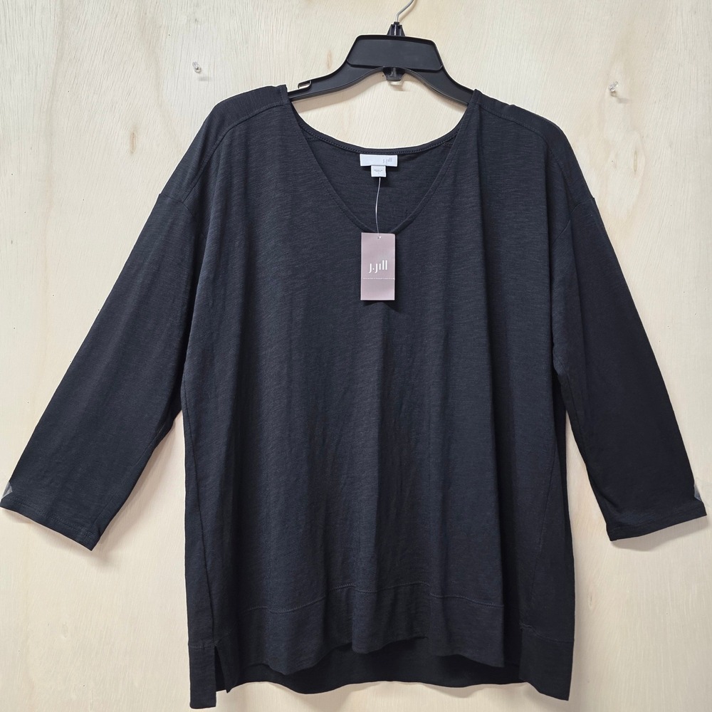 J.Jill Womens Black Cotton Modal V-Neck 3/4 Sleeve Slub Top Size L NWT 117691